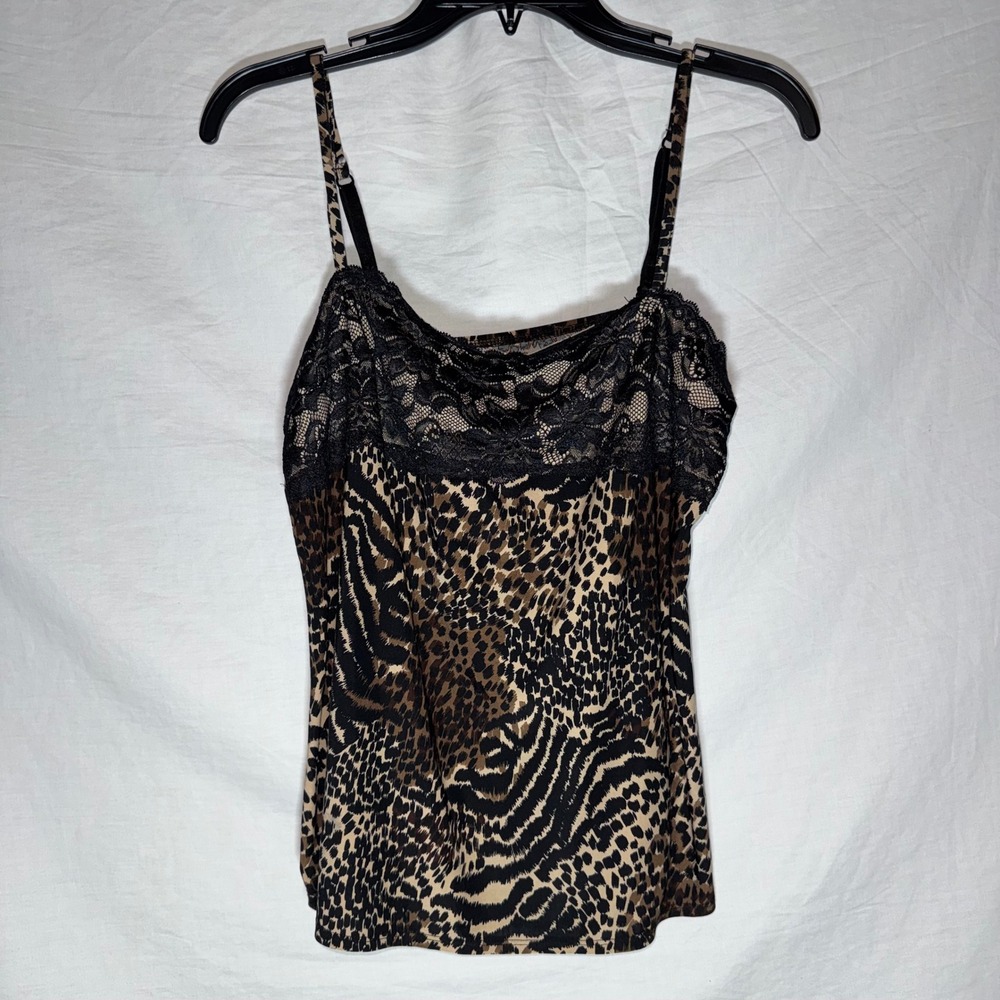 Womens Animal Print Lace Trim Camisole Top Leopard Y2K Brown Size Large